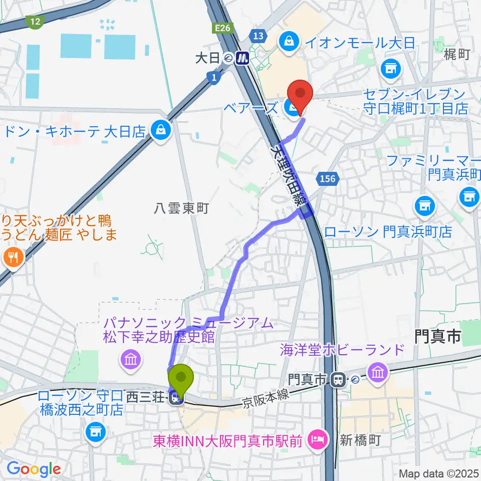 西三荘駅から大東楽器ヤマハピアノストアへのルートマップ地図