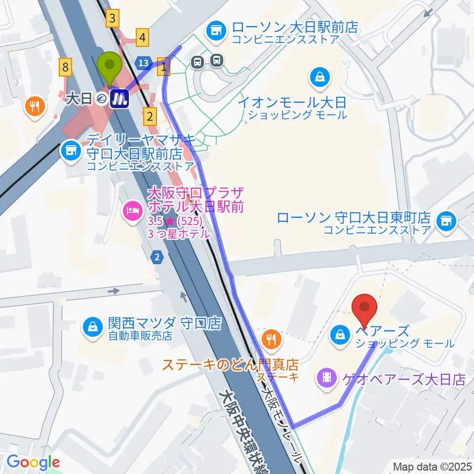 大東楽器ヤマハピアノストアの最寄駅大日駅からの徒歩ルート（約6分）地図