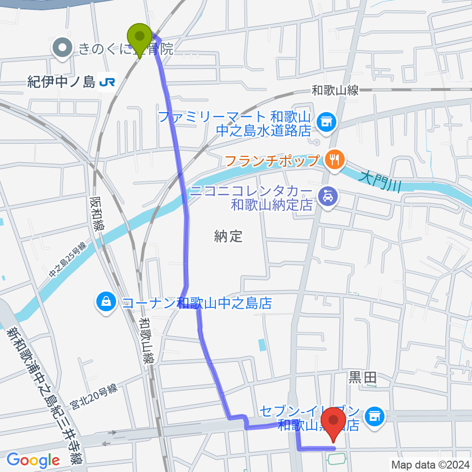 紀伊中ノ島駅から-chabana-サクソフォーン教室へのルートマップ地図