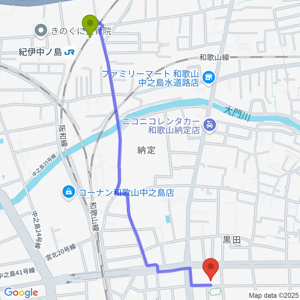 紀伊中ノ島駅からchanabaサクソフォーン教室へのルートマップ地図