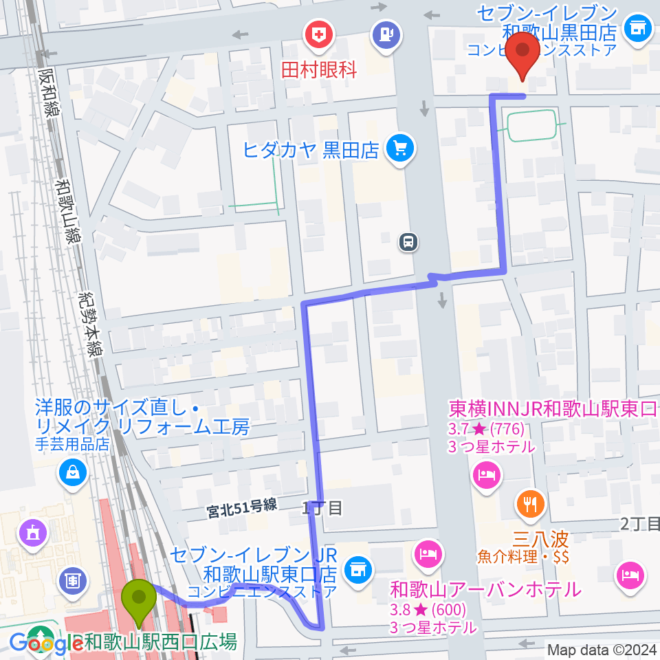 -chabana-サクソフォーン教室の最寄駅和歌山駅からの徒歩ルート（約8分）地図