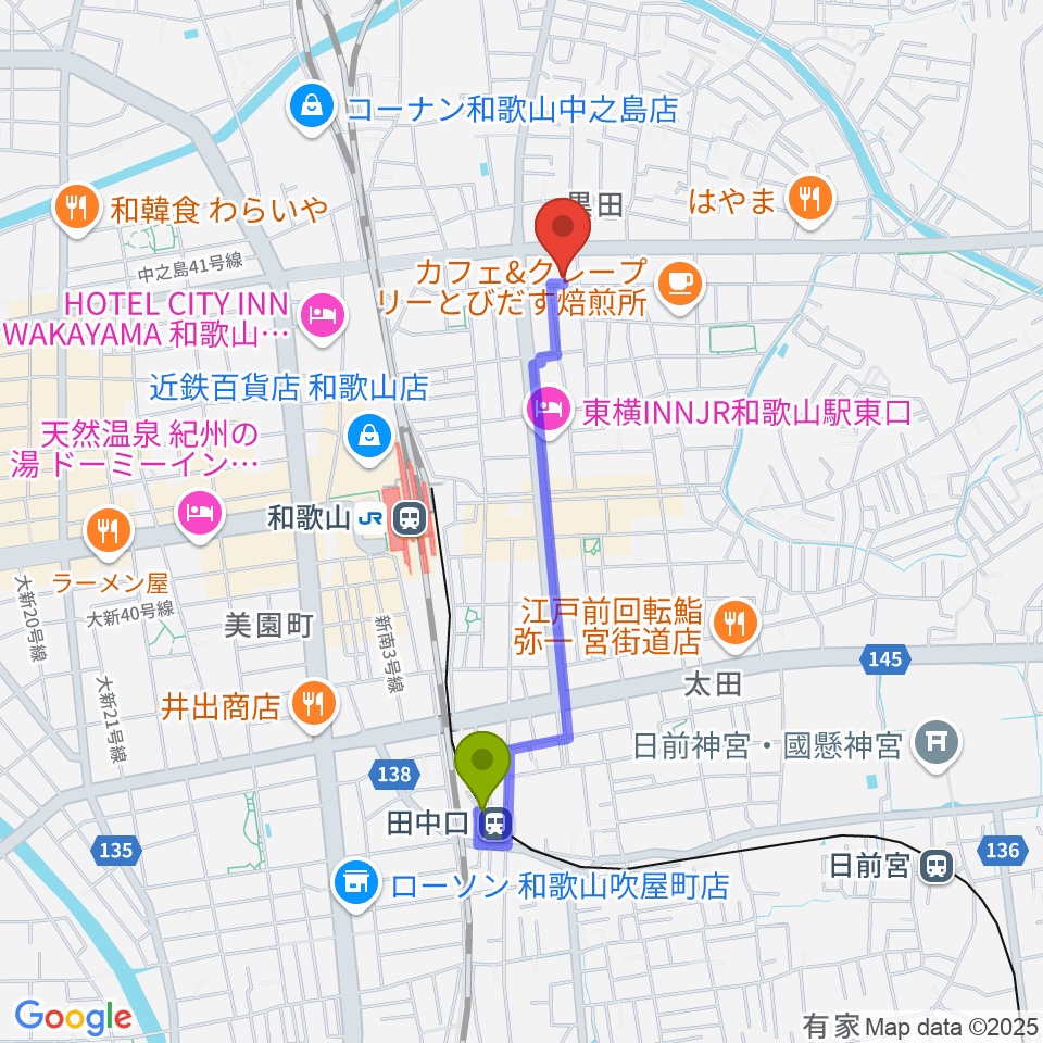 田中口駅から-chabana-サクソフォーン教室へのルートマップ地図