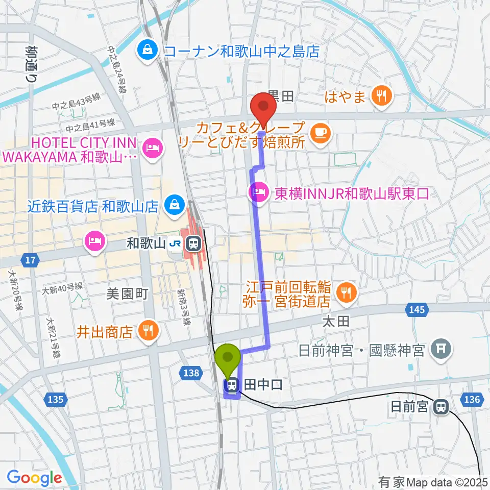 田中口駅からchanabaサクソフォーン教室へのルートマップ地図