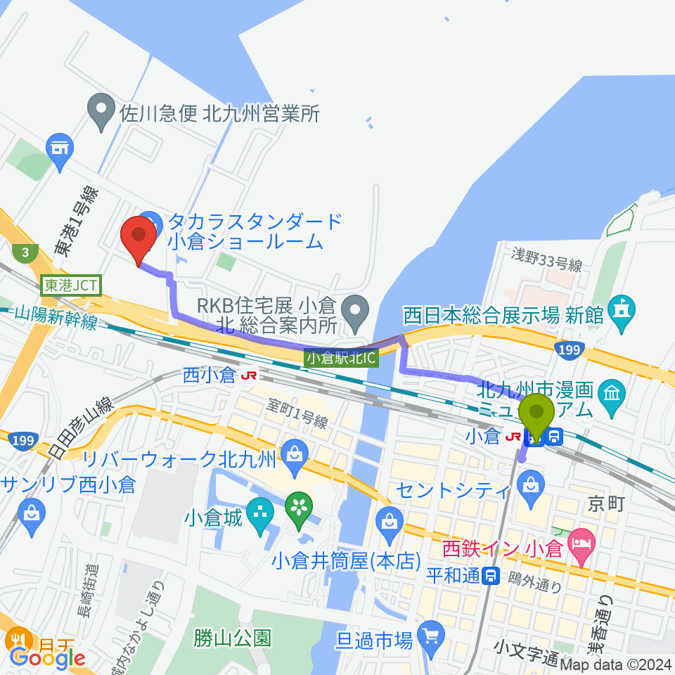 小倉駅からchuya-online.com FUKUOKAへのルートマップ地図