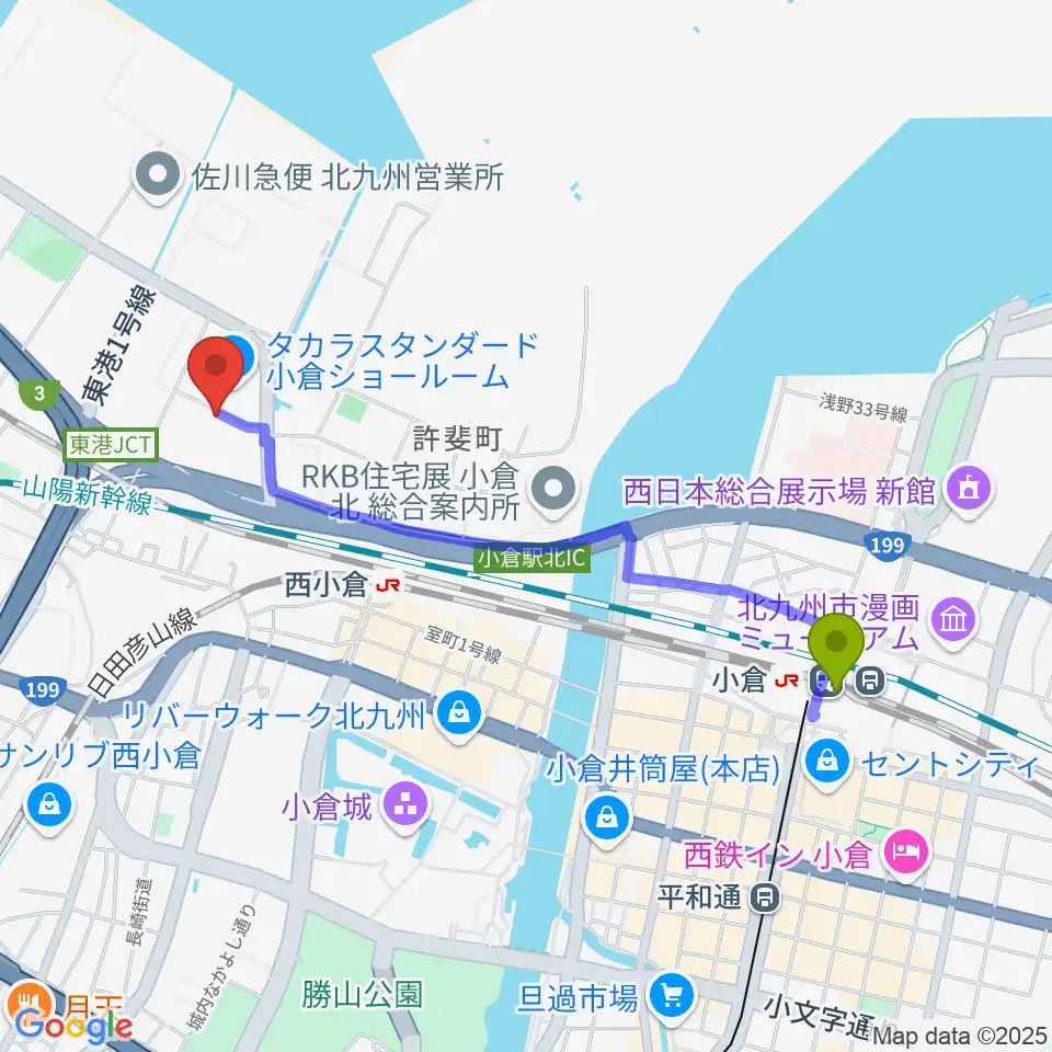 小倉駅からchuya-online.com FUKUOKAへのルートマップ地図