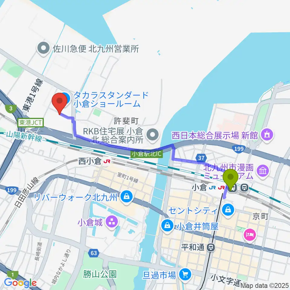 小倉駅からchuya-online.com FUKUOKAへのルートマップ地図