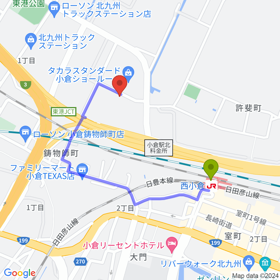 chuya-online.com FUKUOKAの最寄駅西小倉駅からの徒歩ルート（約7分）地図