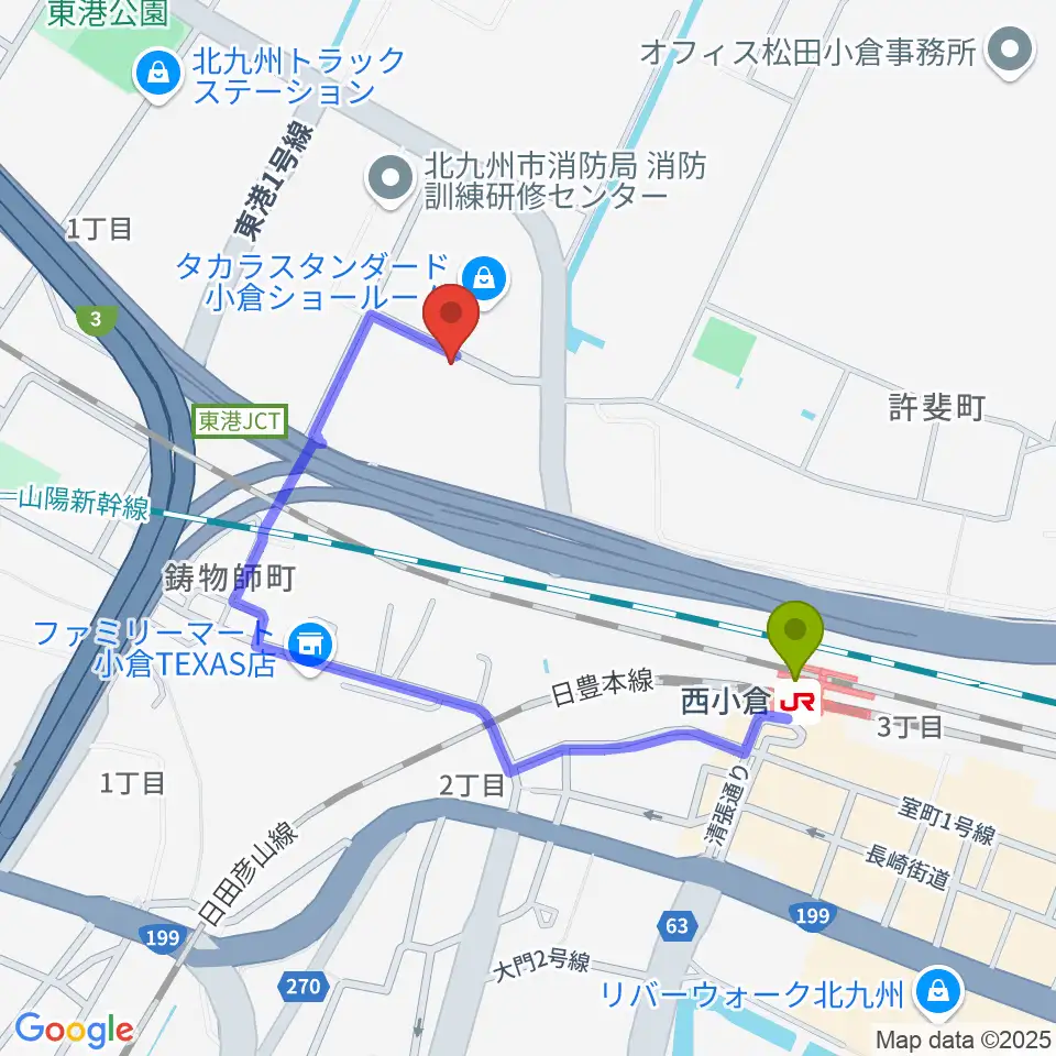 chuya-online.com FUKUOKAの最寄駅西小倉駅からの徒歩ルート（約7分）地図