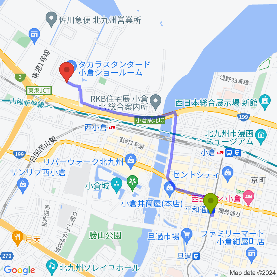 平和通駅からchuya-online.com FUKUOKAへのルートマップ地図