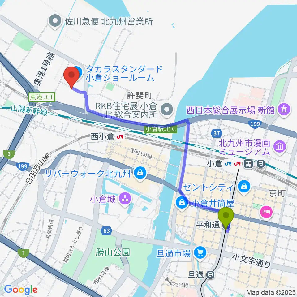平和通駅からchuya-online.com FUKUOKAへのルートマップ地図