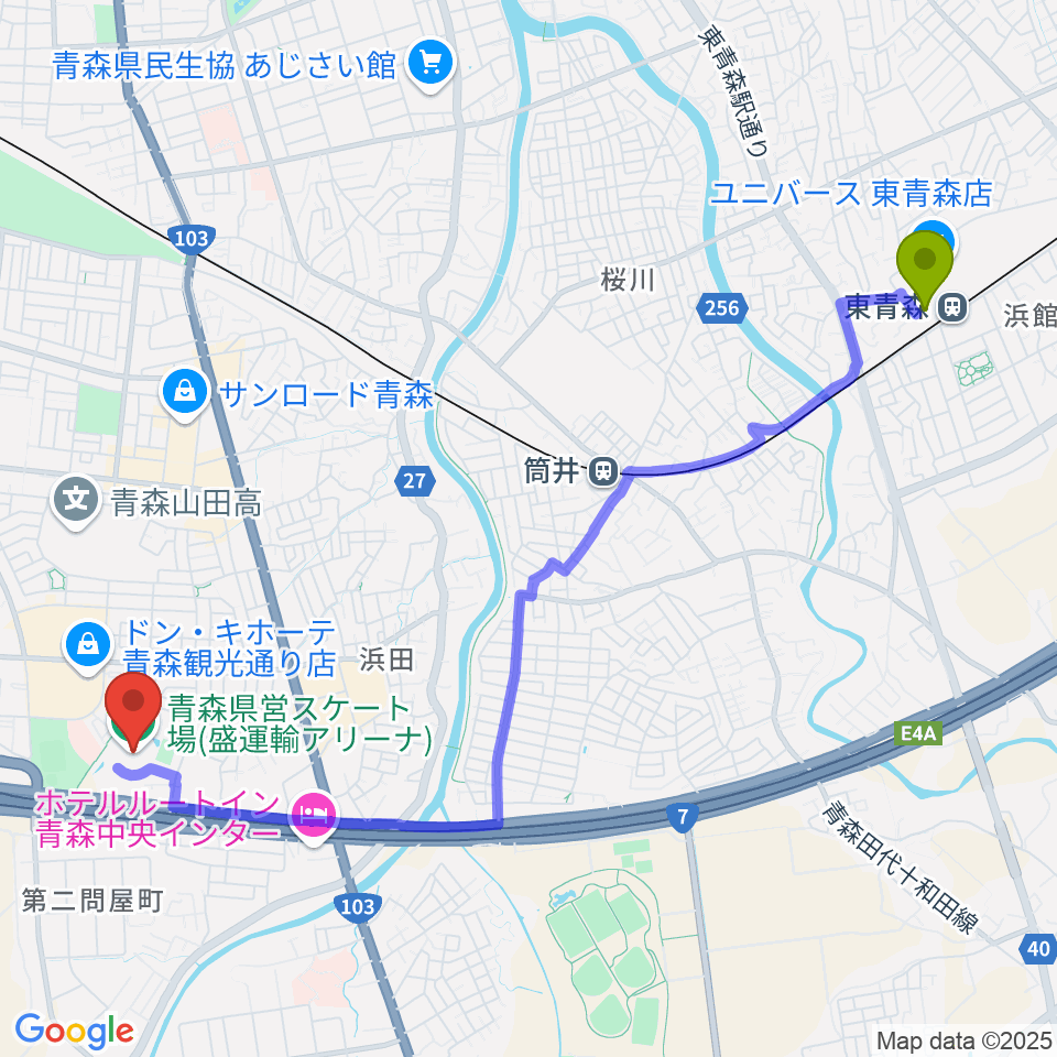 東青森駅から盛運輸アリーナ 青森県営スケート場へのルートマップ地図