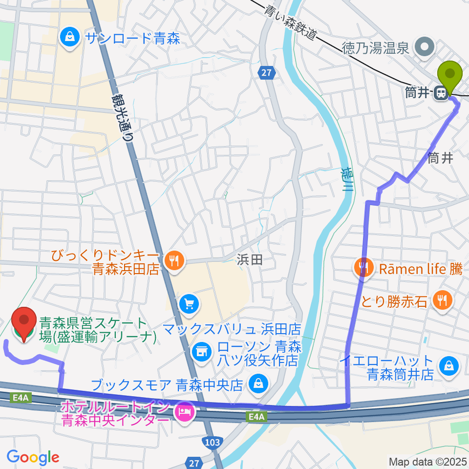 盛運輸アリーナ 青森県営スケート場の最寄駅筒井駅からの徒歩ルート（約30分）地図