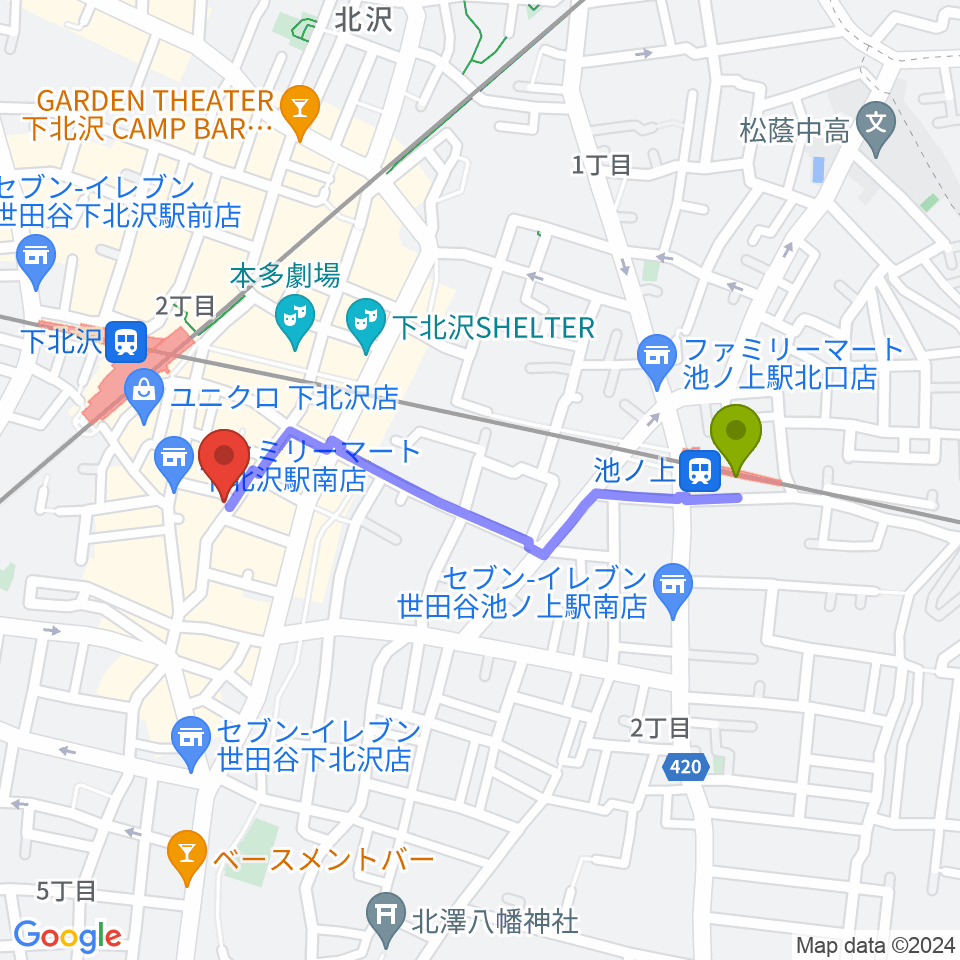 池ノ上駅から下北沢WAVERへのルートマップ地図