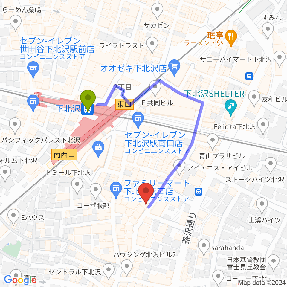 下北沢WAVERの最寄駅下北沢駅からの徒歩ルート（約3分）地図