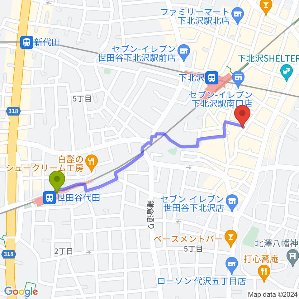 世田谷代田駅から下北沢WAVERへのルートマップ地図