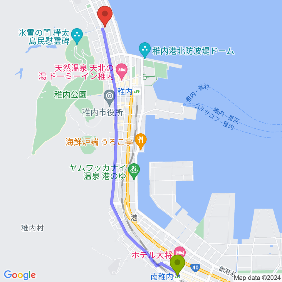 南稚内駅から稚内エビナイベントホールへのルートマップ地図