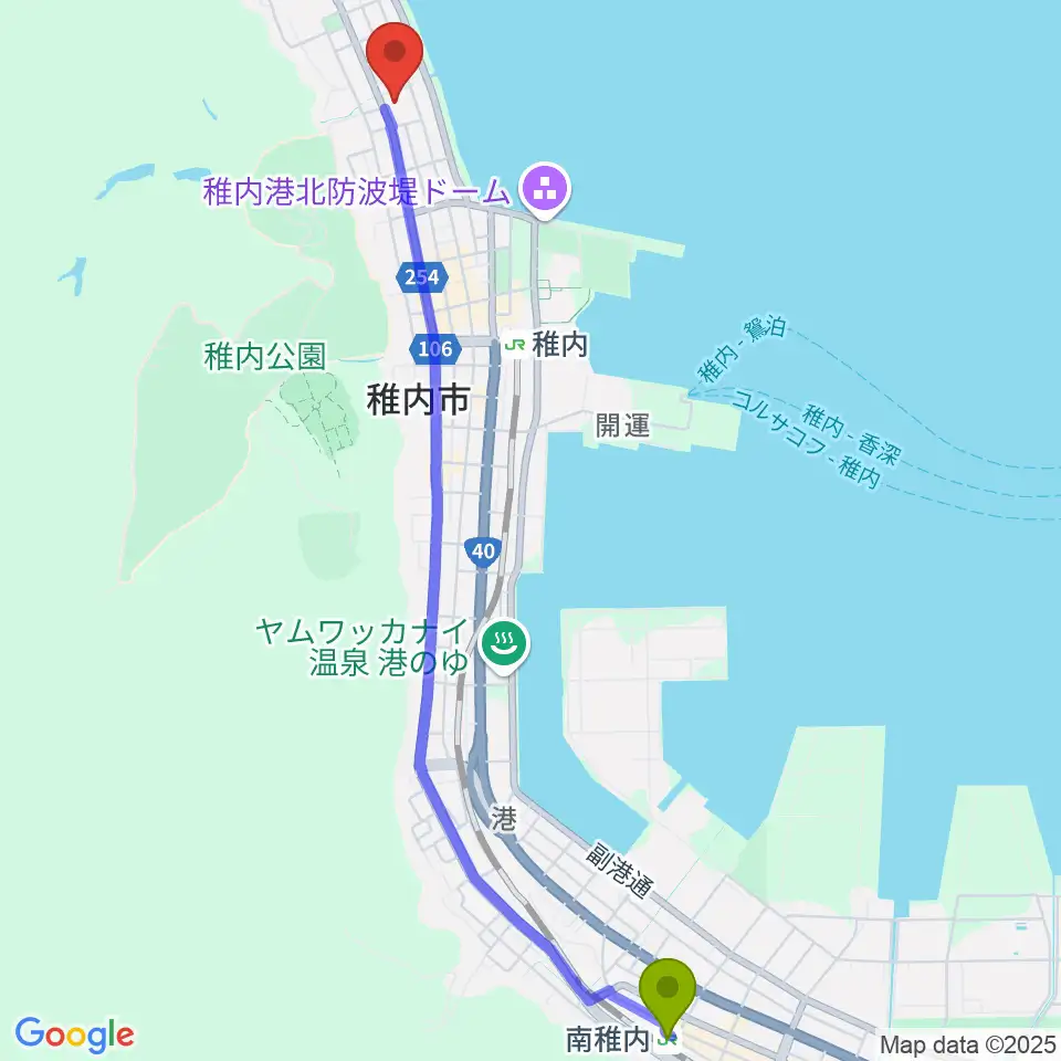 南稚内駅から稚内エビナイベントホールへのルートマップ地図