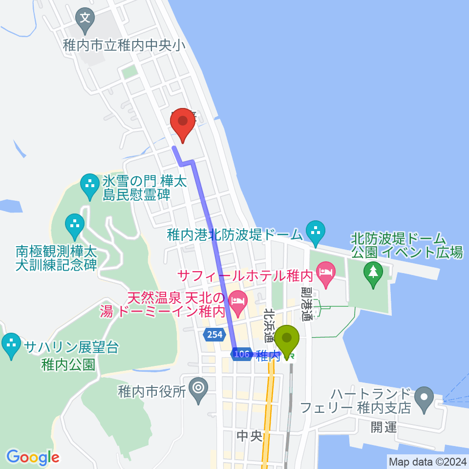 稚内エビナイベントホールの最寄駅稚内駅からの徒歩ルート（約14分）地図
