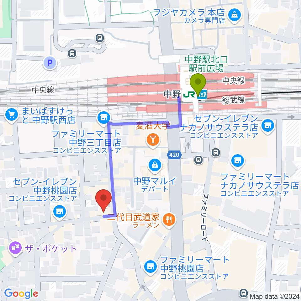 サウンドスタジオノア 中野店の最寄駅中野駅からの徒歩ルート（約4分）地図