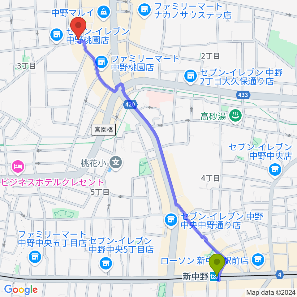 新中野駅からサウンドスタジオノア 中野店へのルートマップ地図