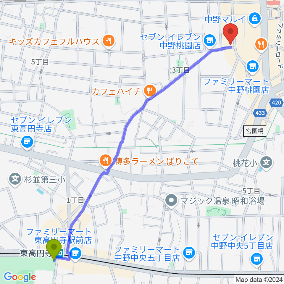 東高円寺駅からサウンドスタジオノア 中野店へのルートマップ地図