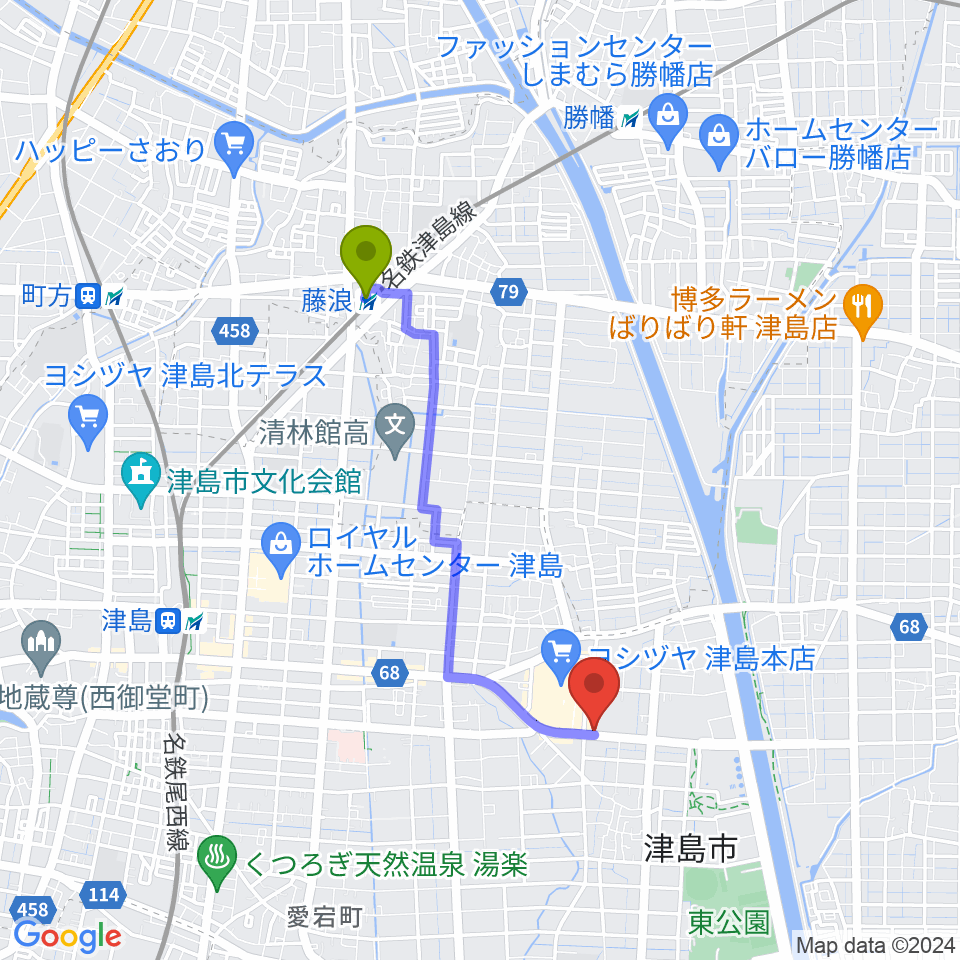 藤浪駅から津島グランツへのルートマップ地図
