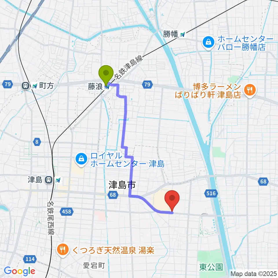 藤浪駅から津島グランツへのルートマップ地図