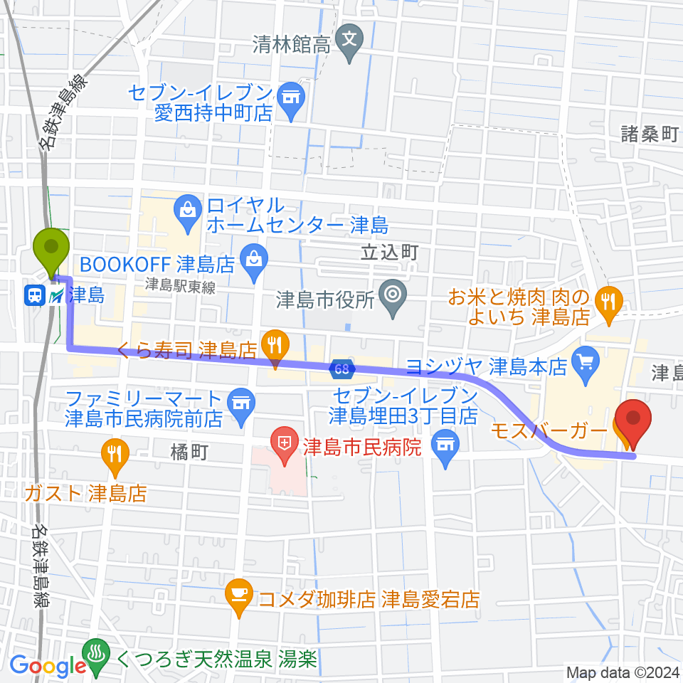 津島グランツの最寄駅津島駅からの徒歩ルート（約28分）地図