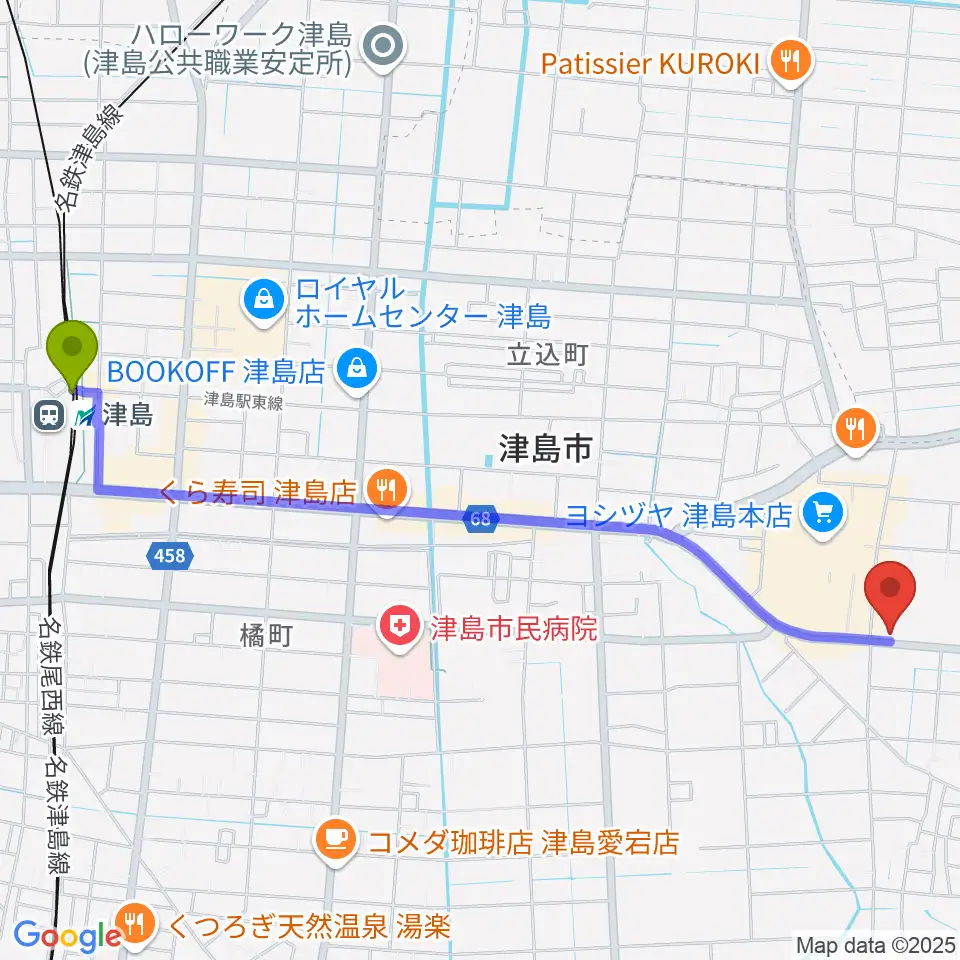 津島グランツの最寄駅津島駅からの徒歩ルート（約28分）地図