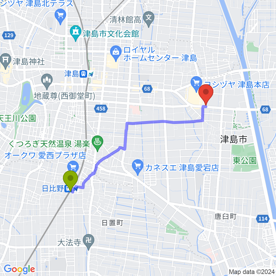 日比野駅から津島グランツへのルートマップ地図
