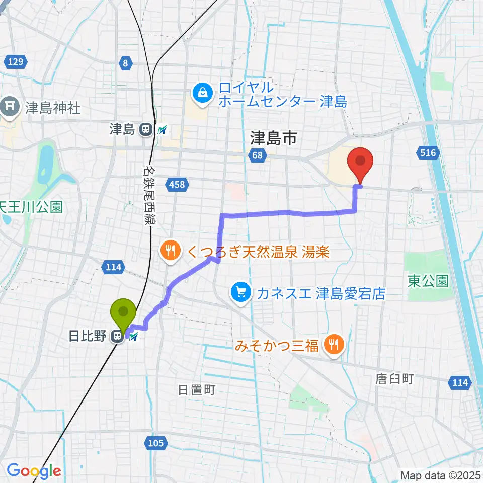 日比野駅から津島グランツへのルートマップ地図