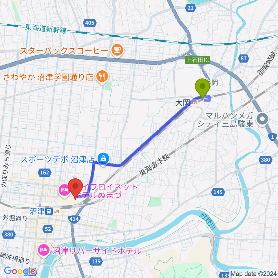 大岡駅からプラサヴェルデ・キラメッセぬまづへのルートマップ地図