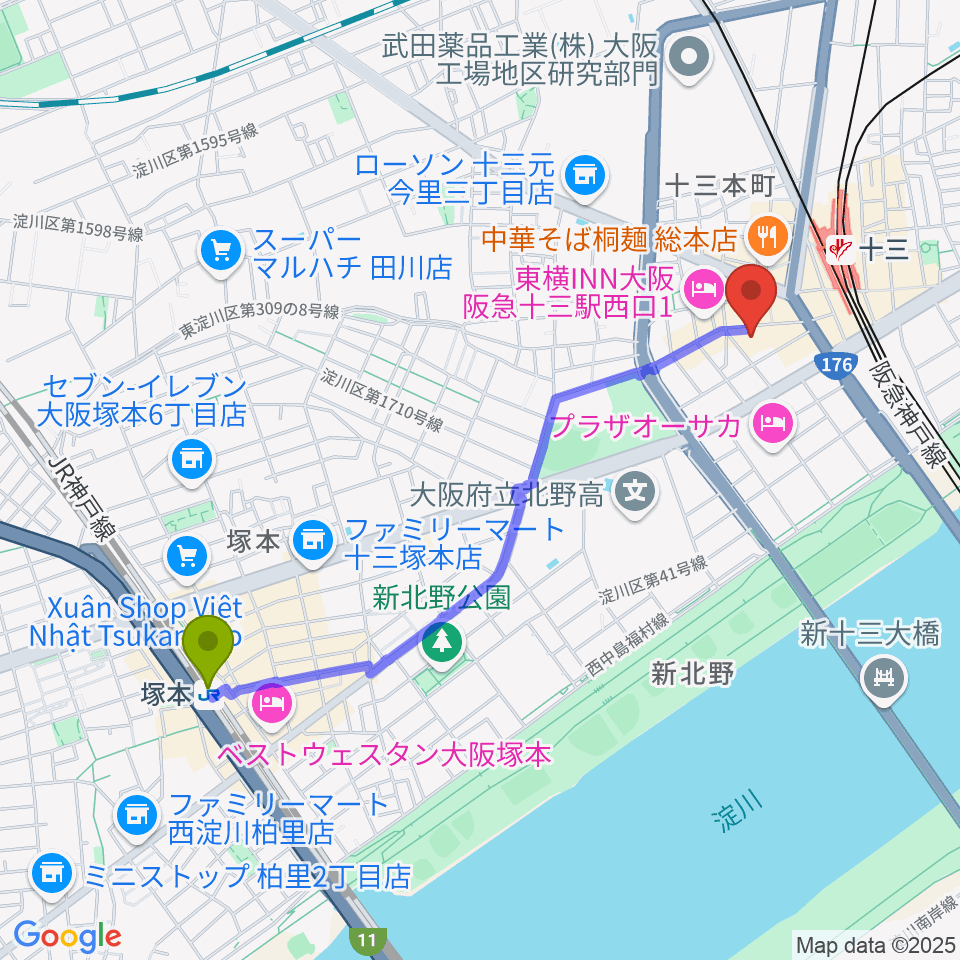 塚本駅からStudio246 JUSOへのルートマップ地図