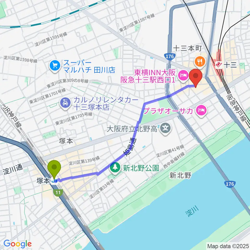 塚本駅からStudio246 JUSOへのルートマップ地図
