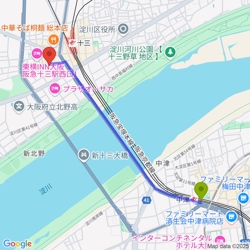 中津駅からStudio246 JUSOへのルートマップ地図