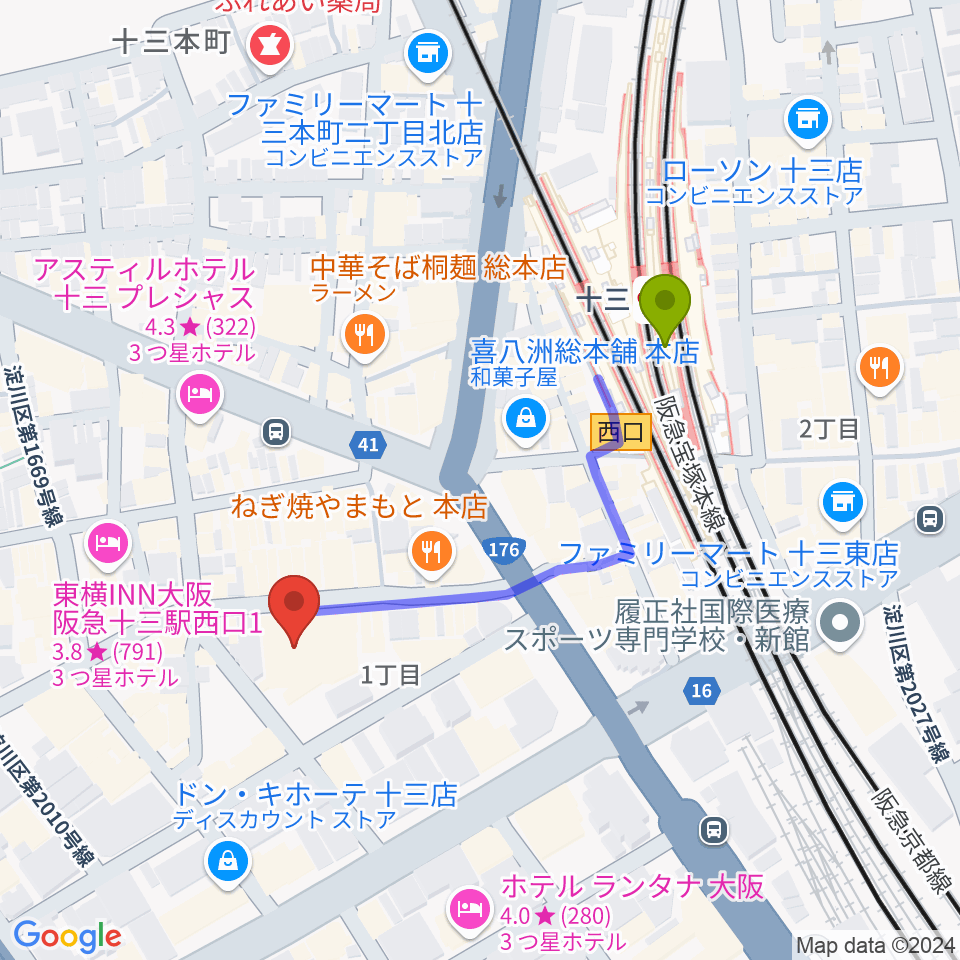 Studio246 JUSOの最寄駅十三駅からの徒歩ルート（約4分）地図