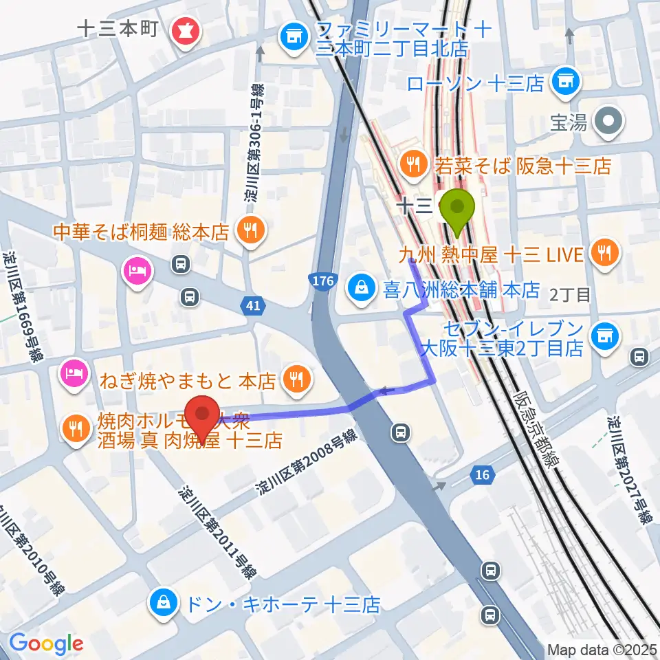 Studio246 JUSOの最寄駅十三駅からの徒歩ルート（約4分）地図