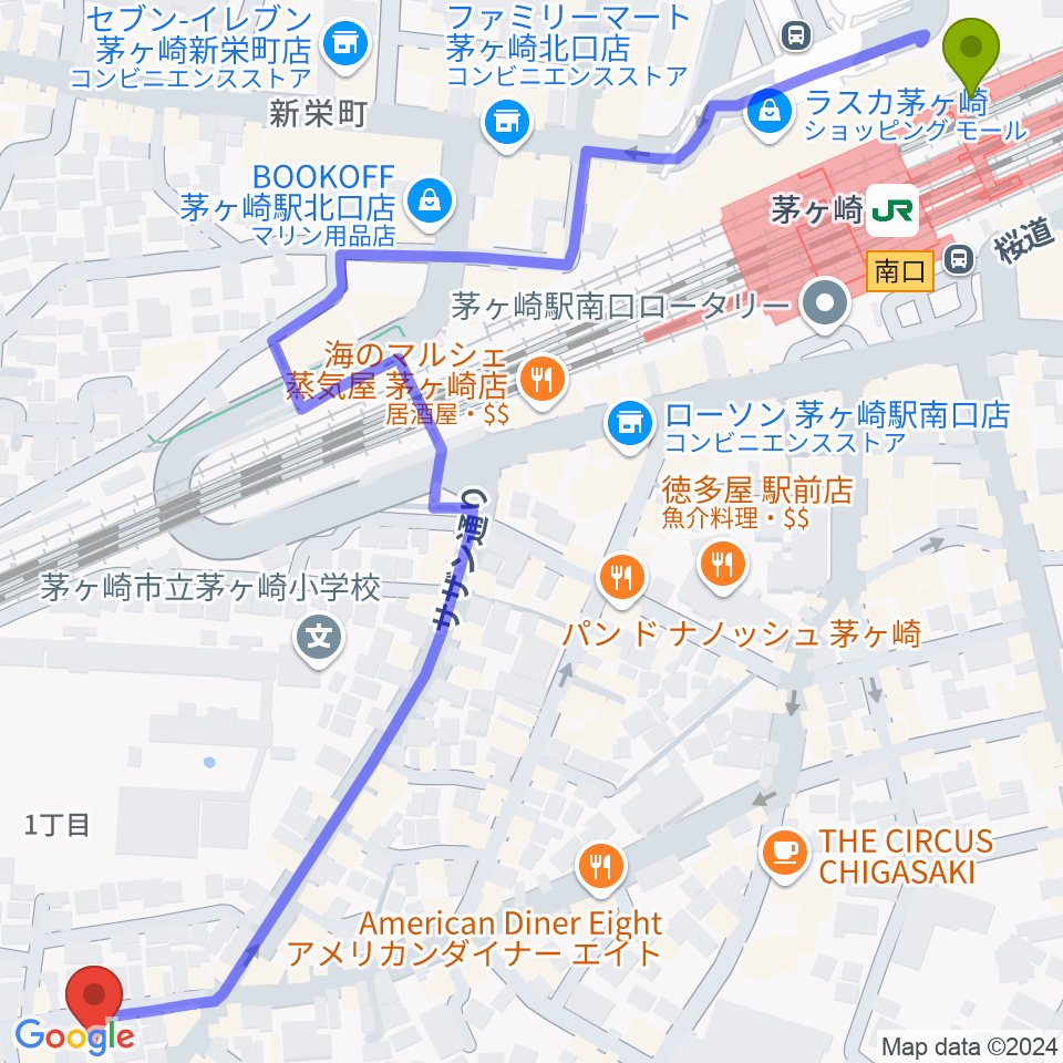 茅ヶ崎MARRYの最寄駅茅ケ崎駅からの徒歩ルート（約9分）地図