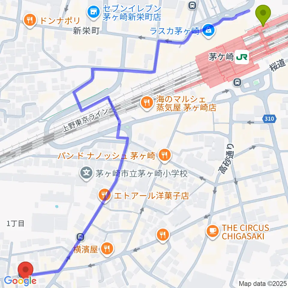 茅ヶ崎MARRYの最寄駅茅ケ崎駅からの徒歩ルート（約9分）地図