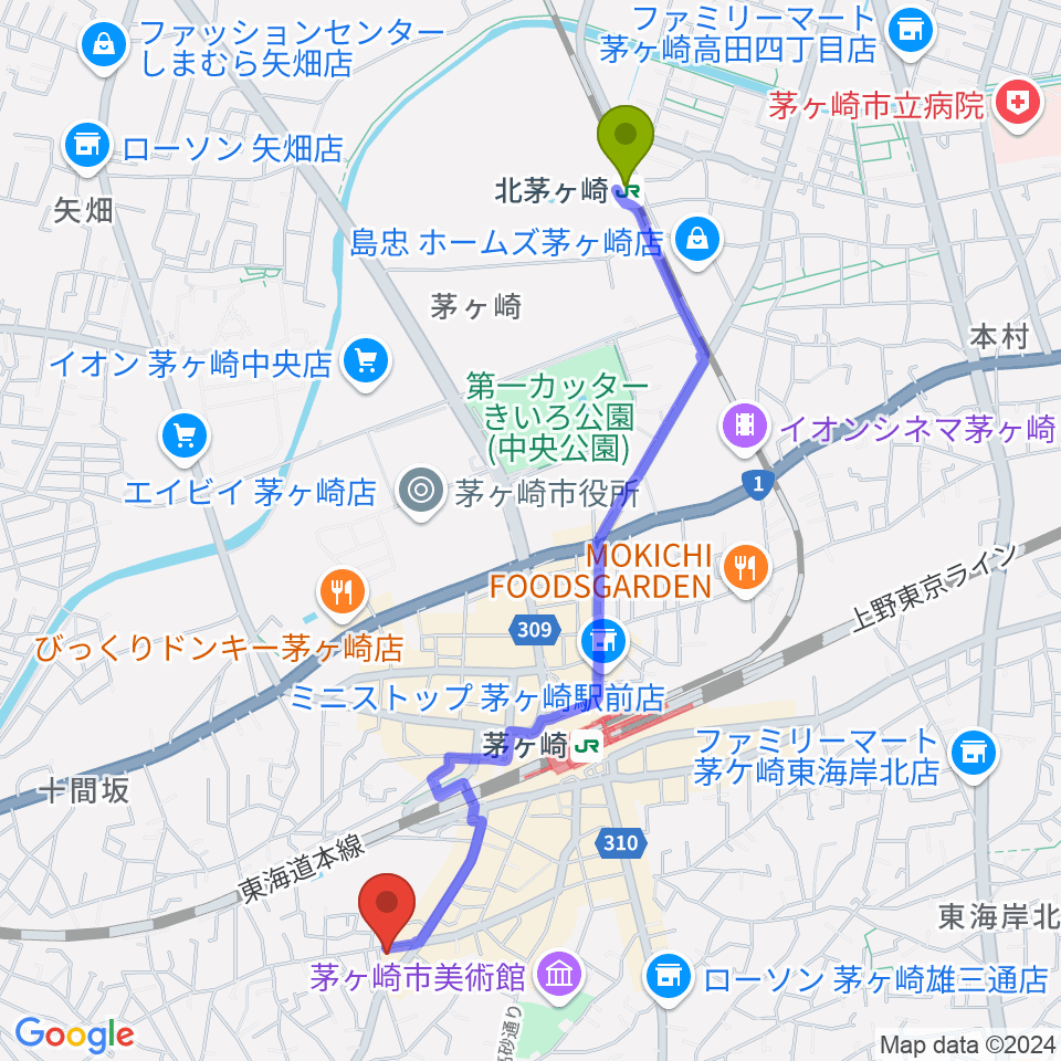 北茅ケ崎駅から茅ヶ崎MARRYへのルートマップ地図