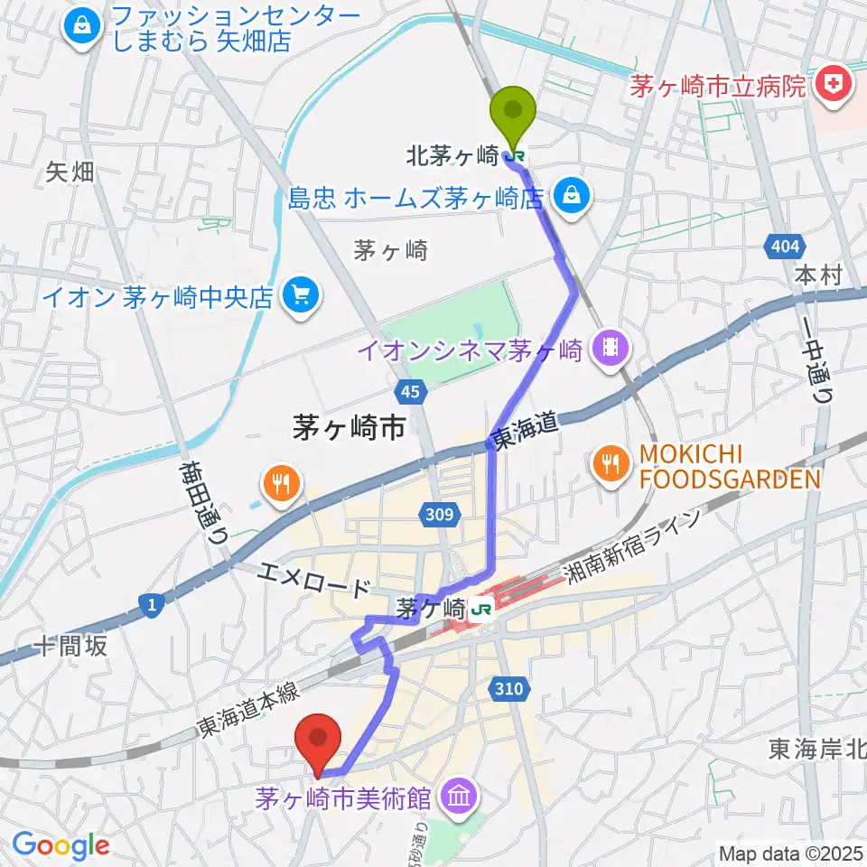 北茅ケ崎駅から茅ヶ崎MARRYへのルートマップ地図