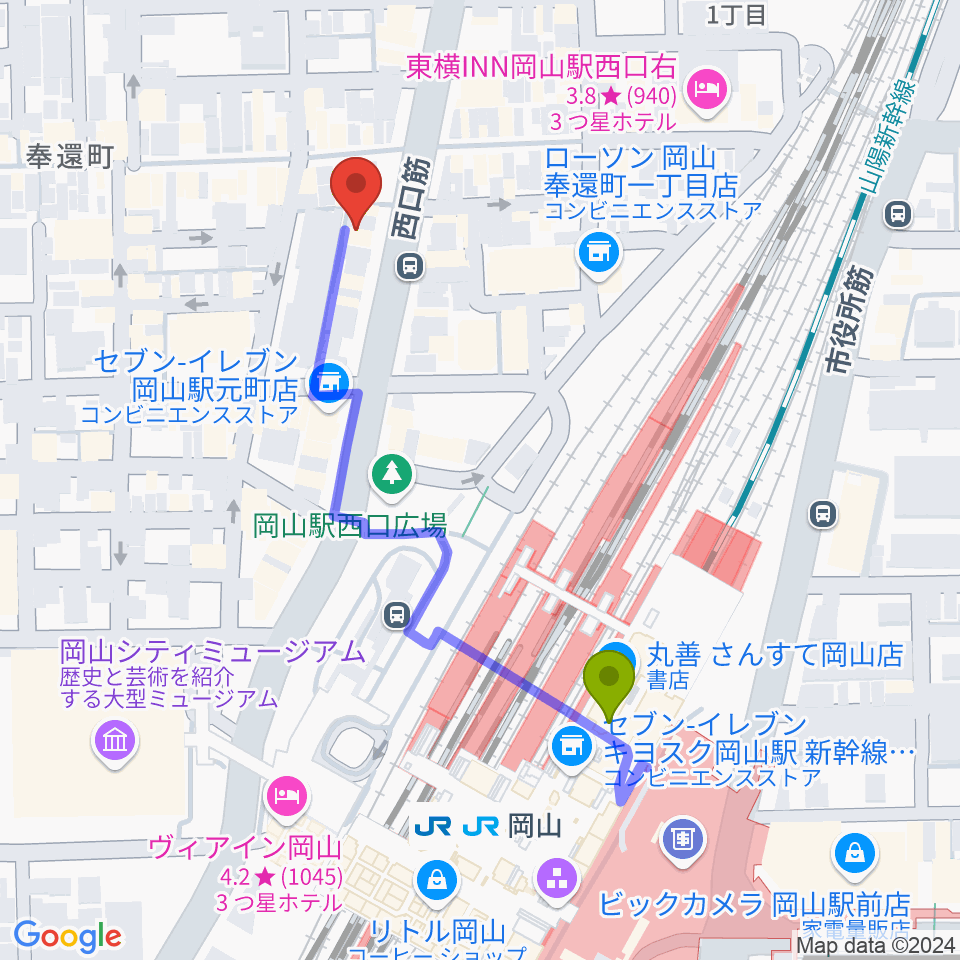 マレット音楽塾の最寄駅岡山駅からの徒歩ルート（約5分）地図