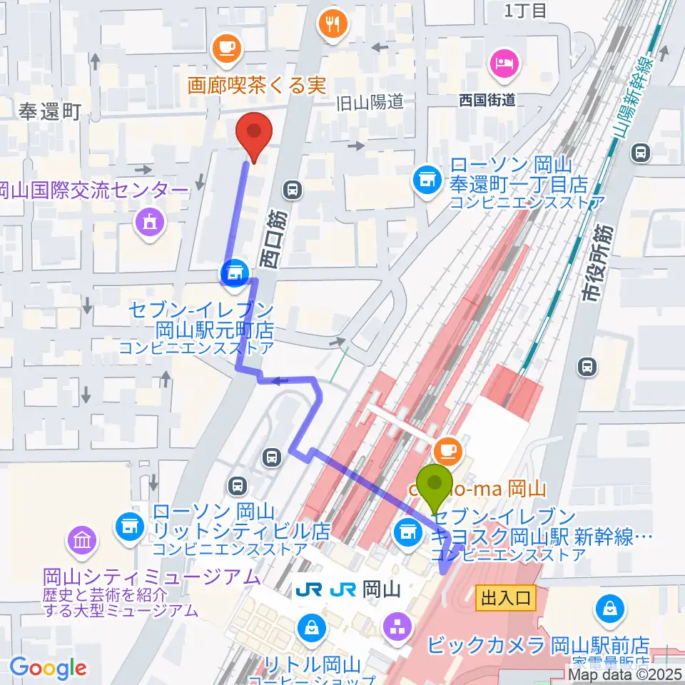 マレット音楽塾の最寄駅岡山駅からの徒歩ルート（約5分）地図