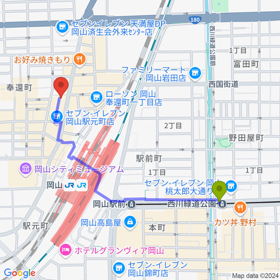 西川緑道公園駅からマレット音楽塾へのルートマップ地図