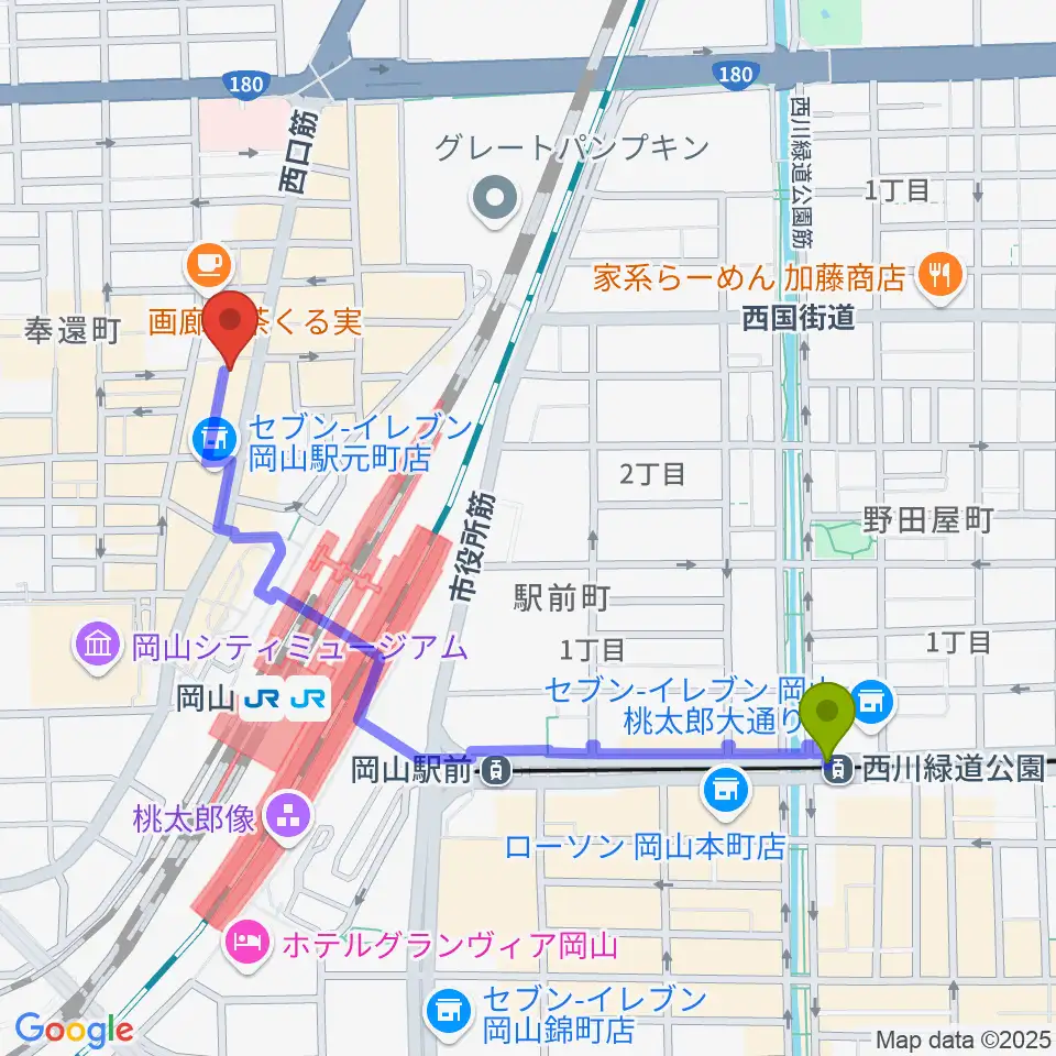西川緑道公園駅からマレット音楽塾へのルートマップ地図