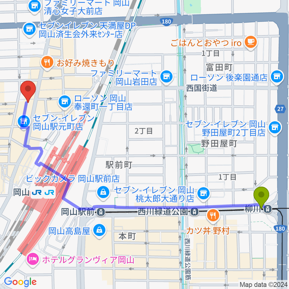 柳川駅からマレット音楽塾へのルートマップ地図