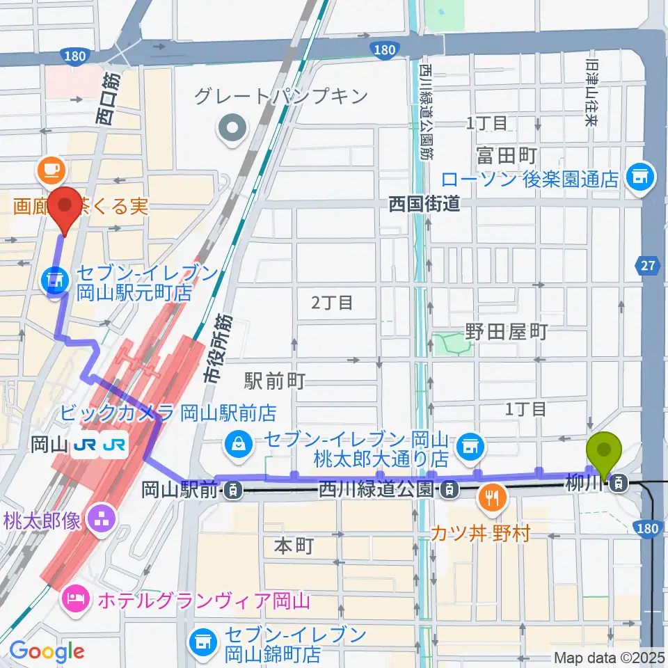 柳川駅からマレット音楽塾へのルートマップ地図