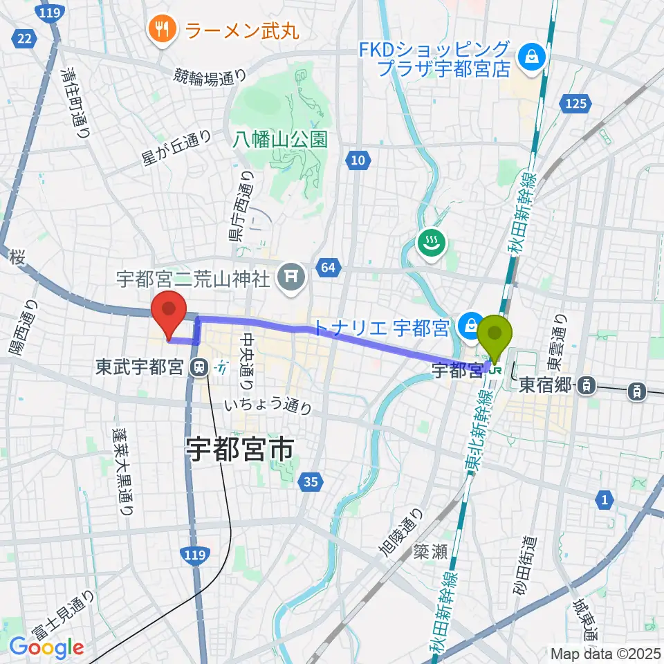 宇都宮駅からLOVE SOUNDS STUDIOへのルートマップ地図
