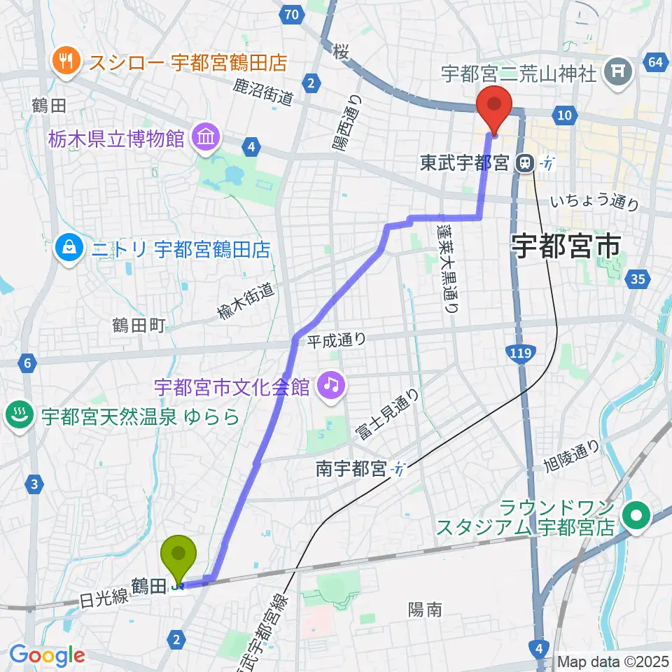 鶴田駅からLOVE SOUNDS STUDIOへのルートマップ地図