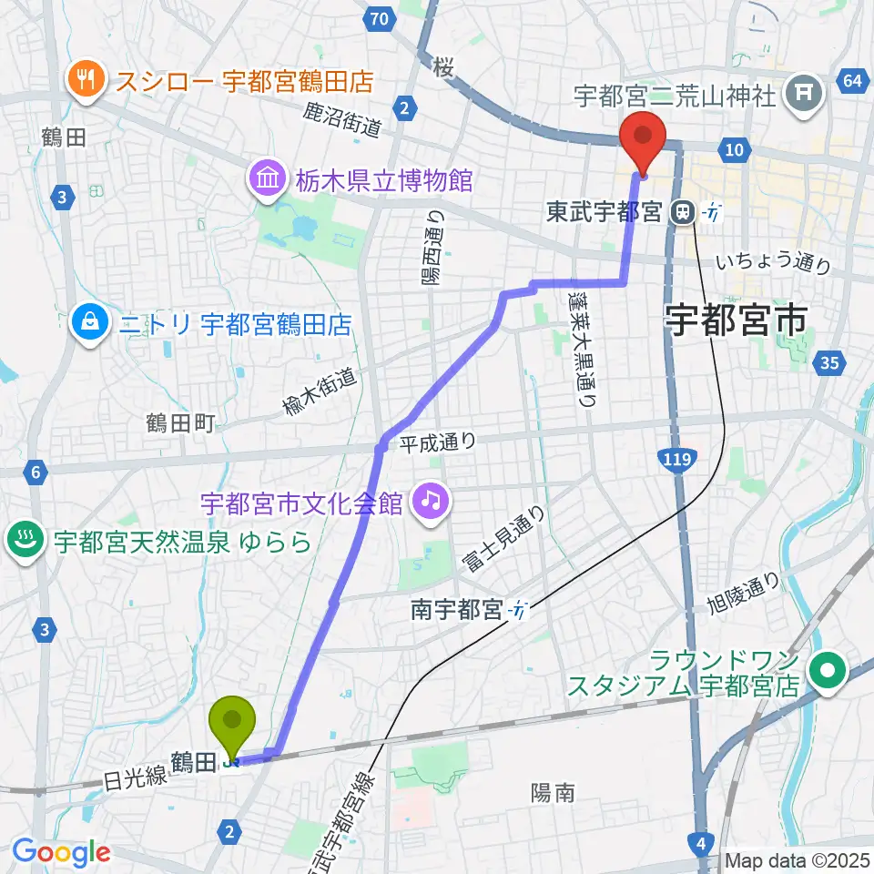鶴田駅からLOVE SOUNDS STUDIOへのルートマップ地図